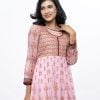 Pink Anarkali style Tunic in Muslin and Crepe fabric with all-over ornaments print & heavy karchupi on top front and sleeves.