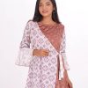 Tunic made with off-white colored viscose and pale rose-colored crepe fabric. Allover geometric print, embroidery on front, boat neck, quarter sleeve, Wrape style tunic.