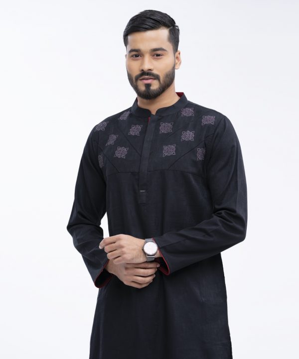 Black Semi Fitted Jacquard Cotton Panjabi