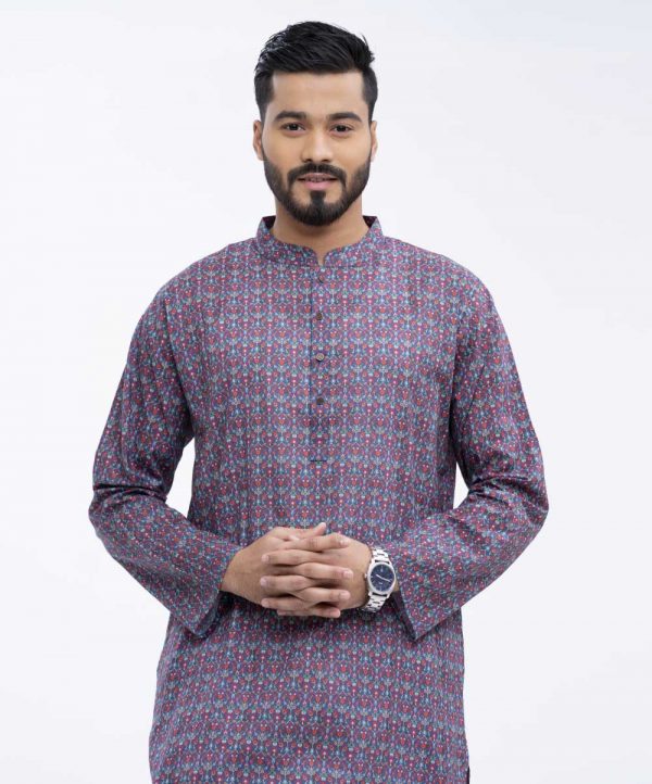 Blue semi-fitted Panjabi in printed Cotton Panjabi. Designed with a mandarin collar and matching metal button on the placket.