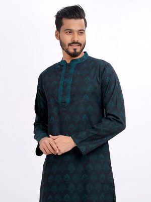 Green Semi Fitted Jacquard Cotton Panjabi