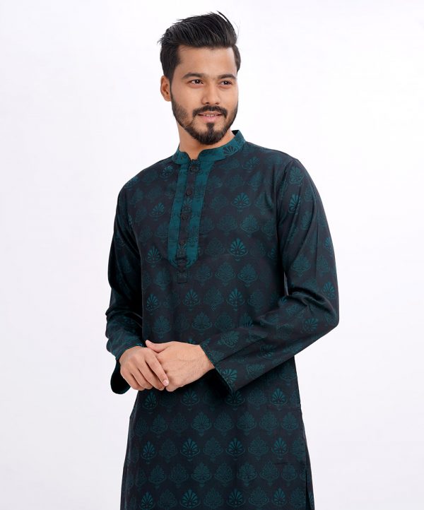 Green Semi Fitted Jacquard Cotton Panjabi