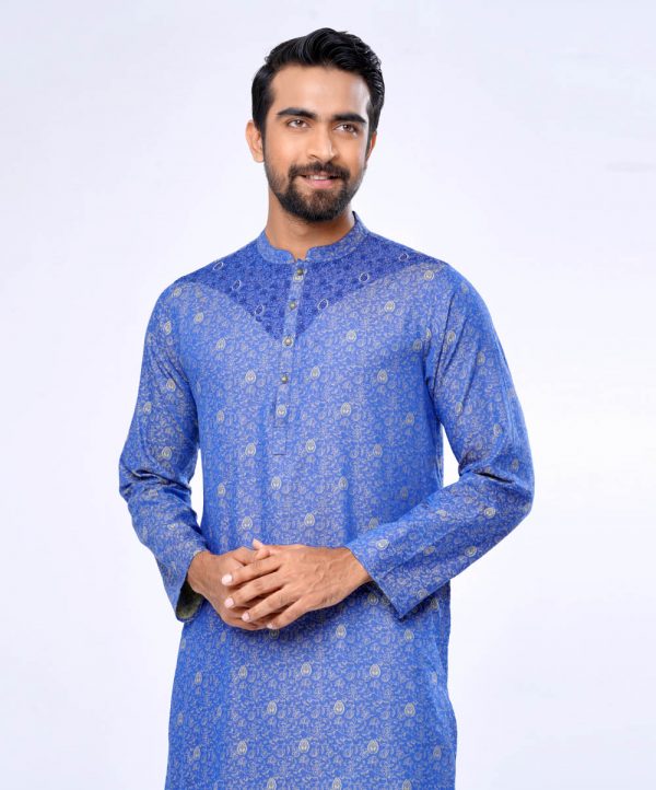 Blue Semi Fitted Jacquard Panjabi