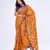Yellow all-over printed exclusive Saree in Muslin fabric with a purple border. Embellished with karchupi, on the achal.