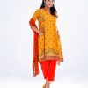 Yellow and Orange all-over printed Salwar Kameez in Viscose fabric. The retro wrap style Kameez features a half-band neck and three-quarter sleeves. Designed with front pockets. Complemented by culottes pants and tie-dye chiffon dupatta.