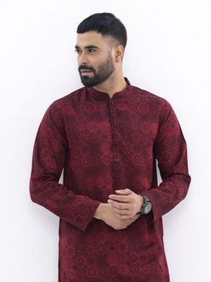 Red Semi Fitted Jacquard Cotton Panjabi