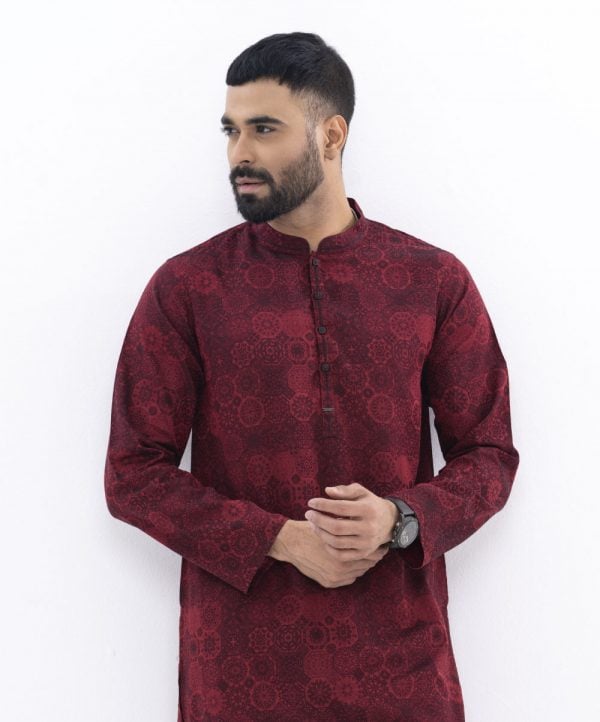 Red Semi Fitted Jacquard Cotton Panjabi