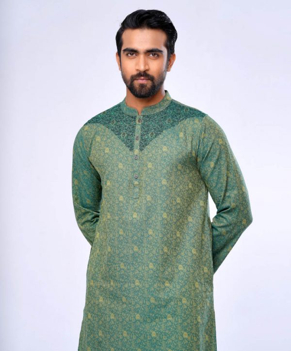 Green Fitted Jacquard Cotton Panjabi