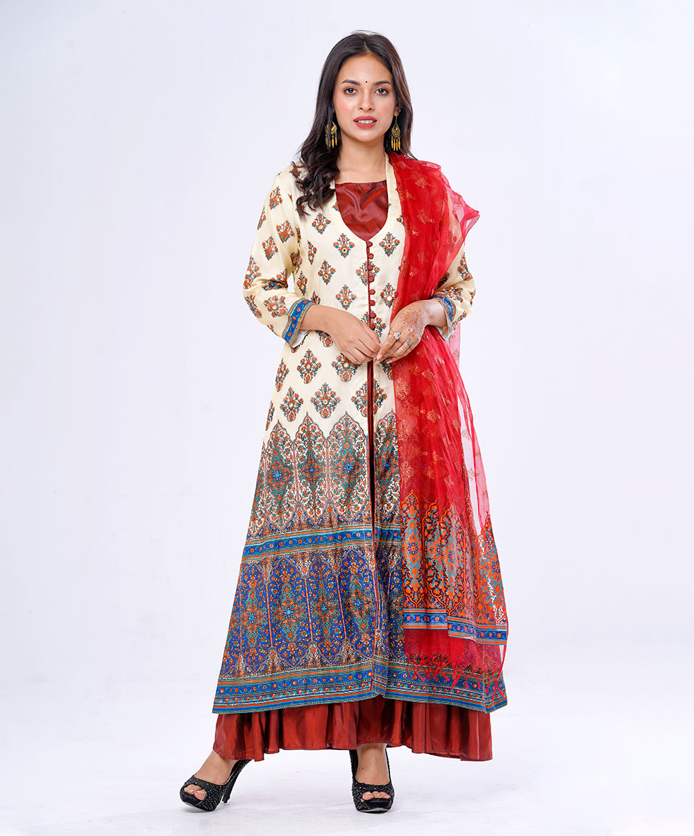 Beige Yellow Shrug style Gown with Dupatta