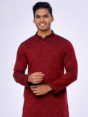 Red semi-fitted Panjabi in Jacquard Cotton fabric. Designed with a mandarin collar and button fastening on the chest.