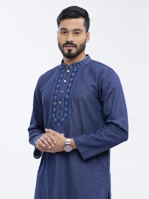 Blue fitted Panjabi in Cotton fabric. Embellished with embroidery on the collar and placket. Matching metal button fastening on the chest.