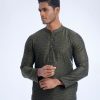 Green fitted Panjabi in Jacquard Cotton fabric. Designed with a mandarin collar and metal button on the placket.