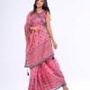 Pink all-over printed exclusive Saree in Muslin fabric with a multi-color border. Embellished with karchupi, on the achal.