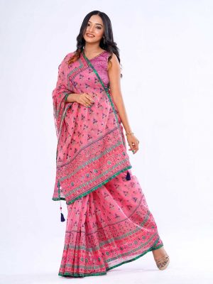 Pink all-over printed exclusive Saree in Muslin fabric with a multi-color border. Embellished with karchupi, on the achal.