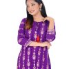 Purple all-over printed straight-cut kameez in Georgette fabric. Features a round neck with tasseled cords and three-quarter sleeves. Embellished with pin tucks and embroidery at the front. Patch attachment at the cuffs. Unlined.