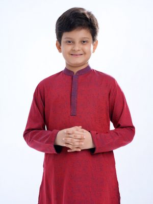 Red Panjabi in Jacquard Cotton fabric. Designed with a mandarin collar and hidden button placket.