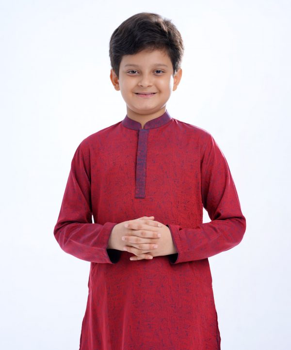 Red Panjabi in Jacquard Cotton fabric. Designed with a mandarin collar and hidden button placket.