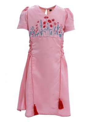 Pink A-line frock in Crepe fabric. Designed with a V-neck, puff sleeves and corset cords at the front. Embellished with flower print and embroidery at the top front. Single button opening at the back.