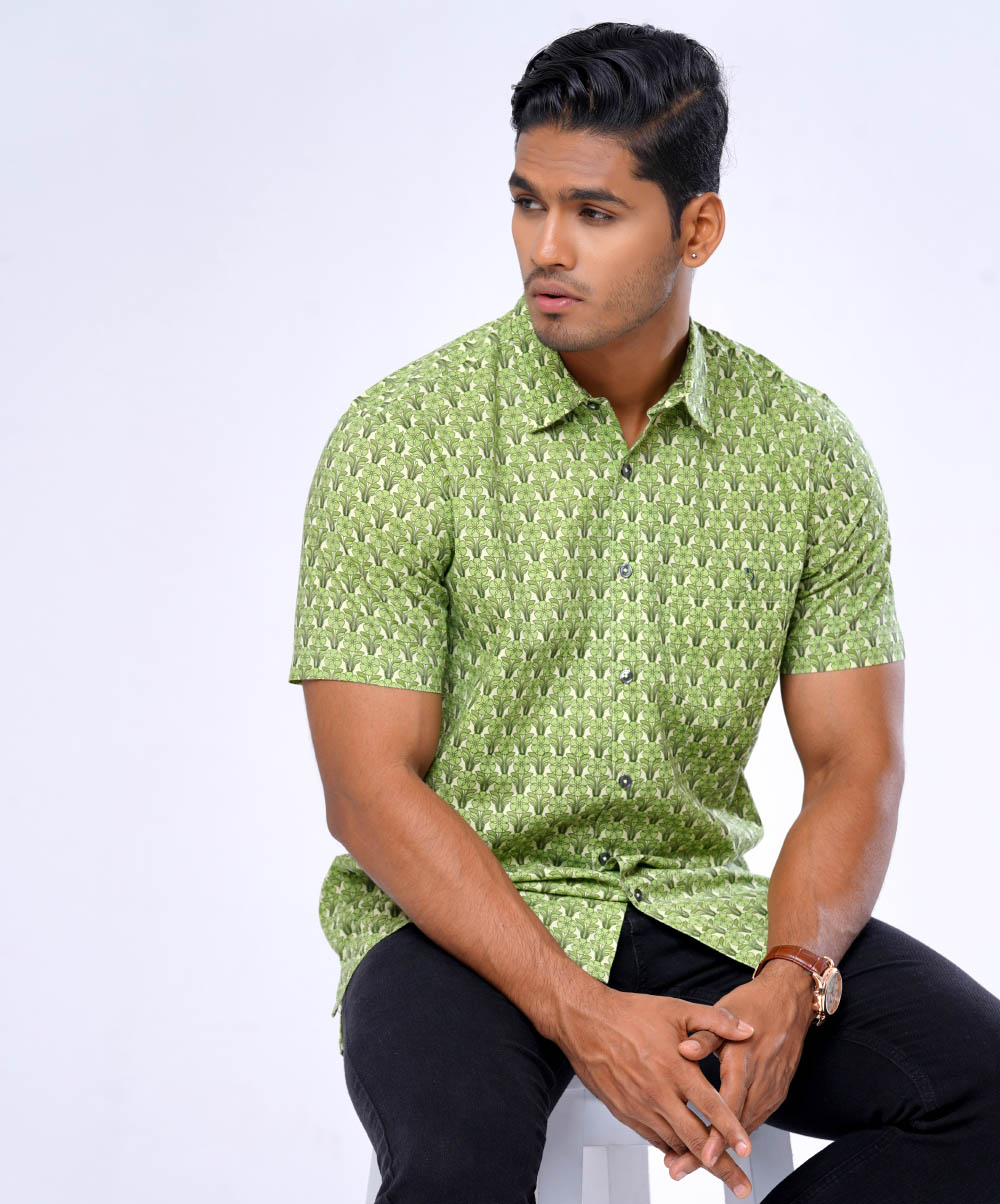 Green Cotton Short Sleeve Casual Shirt