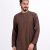 Brown semi-fitted Panjabi in Jacquard Cotton fabric. Designed with a mandarin collar and matching button fastening on the chest.