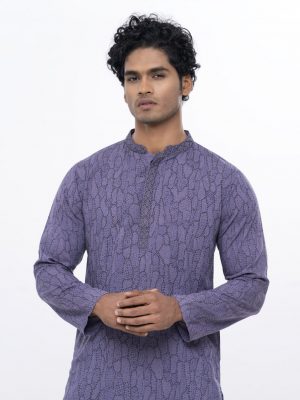 Purple fitted Panjabi in Slab Viscose fabric. Designed with swing stitches on the collar and hidden button placket.