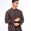 Brown Semi-fitted Panjabi in Jacquard Cotton fabric. Designed with a mandarin collar and metal button on the placket.