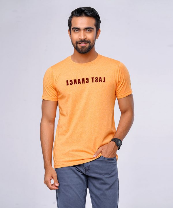 Orange T-Shirt in Siro single jersey Cotton blend fabric. Designed with a crew neck, short sleeves, and print on the chest.