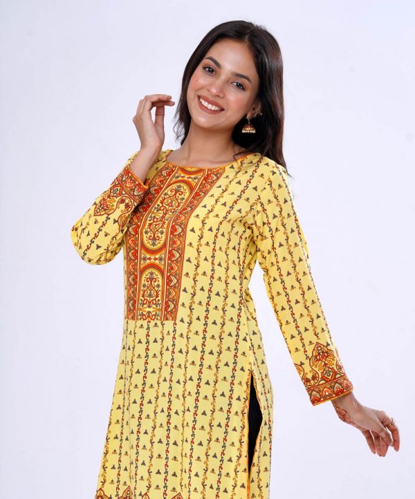Yellow all-over printed straight-cut kameez in Viscose fabric. Features a round neck and three-quarter sleeves. Embellished with karchupi at the top front and cuffs.