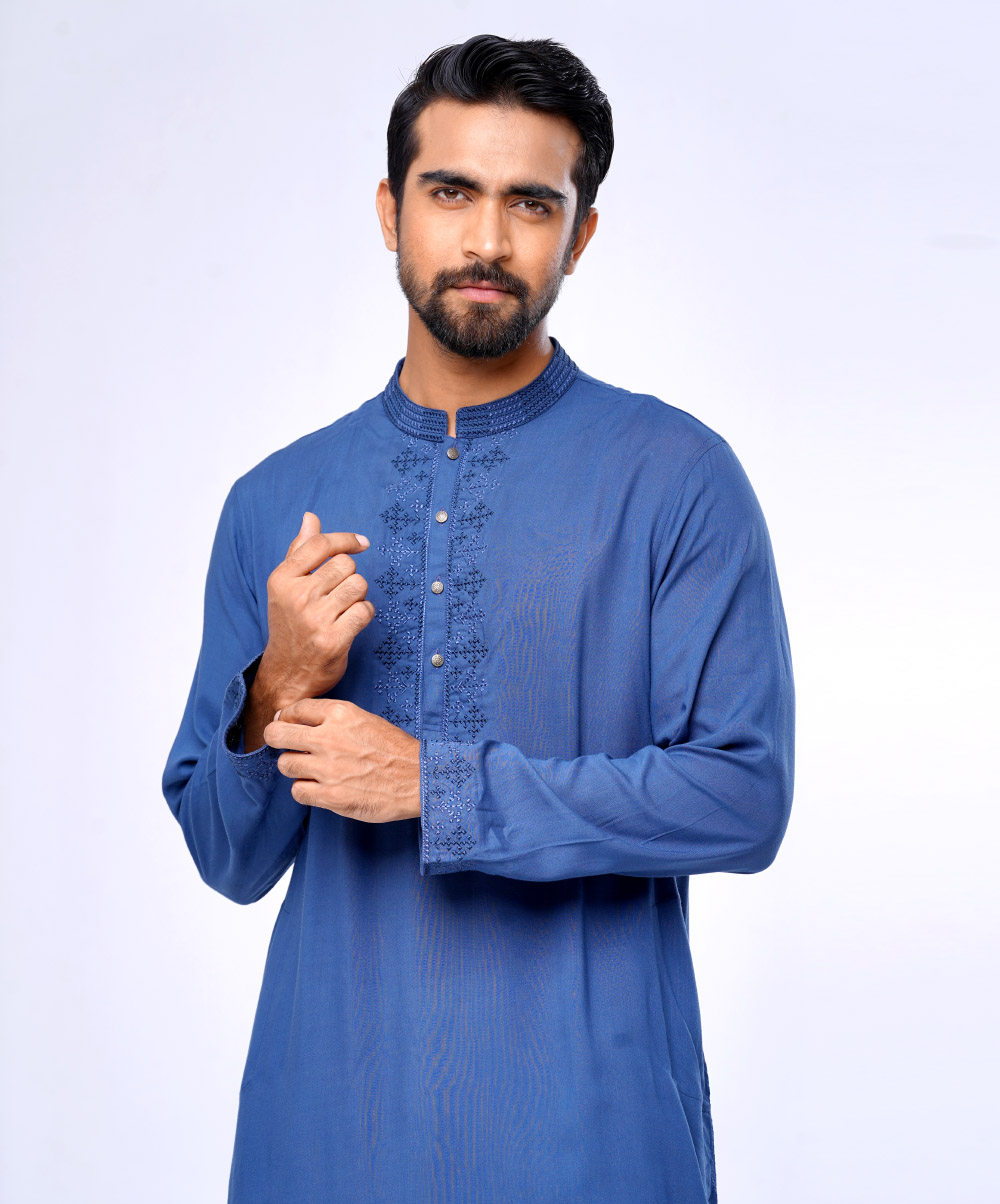 Blue Semi Fitted Cotton Panjabi