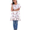 White Georgette A-line Tunic in printed Georgette fabric. Features a round neck with button opening at the front and butterfly sleeves. Spliced gather hemline.