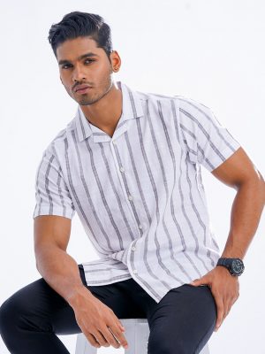 White striped casual Shirt in printed slab Cotton fabric. Designed with a Cuban collar and short sleeves.