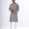Gray fitted Panjabi in Jacquard Cotton fabric. Embellished with embroidery on the collar and placket. Matching metal button fastening on the chest.