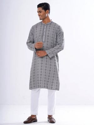 Gray fitted Panjabi in Jacquard Cotton fabric. Embellished with embroidery on the collar and placket. Matching metal button fastening on the chest.