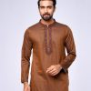 Brown premium Panjabi in Cotton fabric. Designed with karchupi on the collar and hidden button placket.