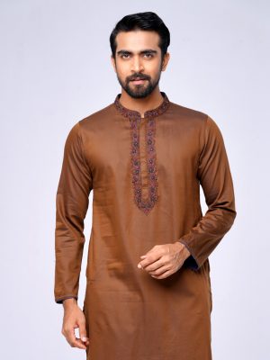 Brown premium Panjabi in Cotton fabric. Designed with karchupi on the collar and hidden button placket.