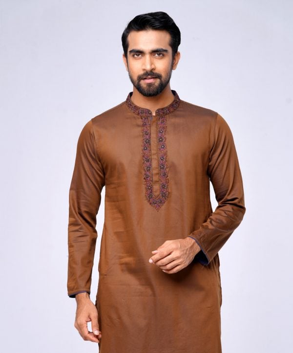 Brown premium Panjabi in Cotton fabric. Designed with karchupi on the collar and hidden button placket.
