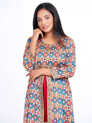 Red double layer Tunic in Printed Georgette fabric. Designed with a round neck and three-quarter sleeves. Embellished with printed patch attachment at the front, neck and hemline.