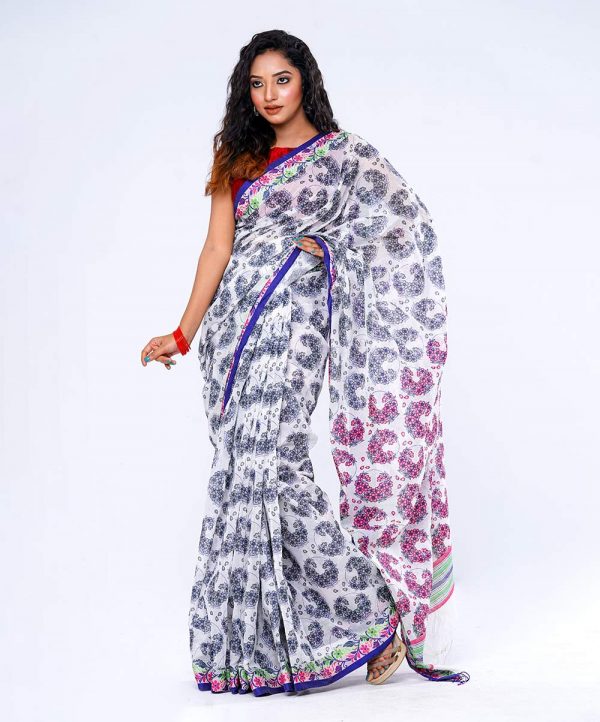 White all-over printed Cotton Saree with a blue border.