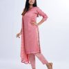 Pink printed Salwar Kameez in textured Silk-blend and Crepe fabric. The Kameez is designed with a V-neck and three-quarter sleeves. Embellished with embroidery at the neckline. Complemented by Crepe palazzo pants and a Chiffon dupatta.