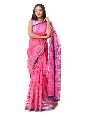 Pink all-over printed exclusive Saree in Muslin fabric with a blue border. Embellished with karchupi, on the achal.