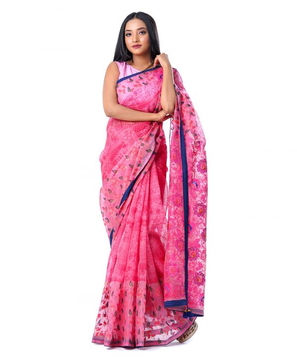 Pink all-over printed exclusive Saree in Muslin fabric with a blue border. Embellished with karchupi, on the achal.
