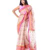 White all-over printed exclusive Saree in Muslin fabric with a Pink border. Embellished with karchupi, on the achal.