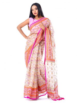 White all-over printed exclusive Saree in Muslin fabric with a Pink border. Embellished with karchupi, on the achal.