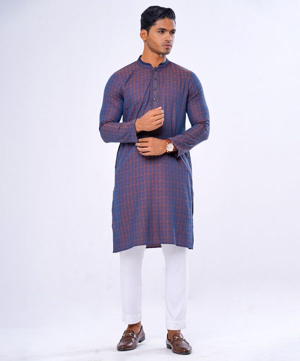 Blue fitted Panjabi in Jacquard Cotton fabric. Designed with minimal karchupi on the collar and placket.