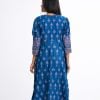 Blue all-over printed A-line Tunic in textured Silk-blend fabric. Designed with a round neck and three-quarter sleeves. Embellished with karchupi at the top front and cuffs. Viscose lining in half-body. Single button opening at the back.