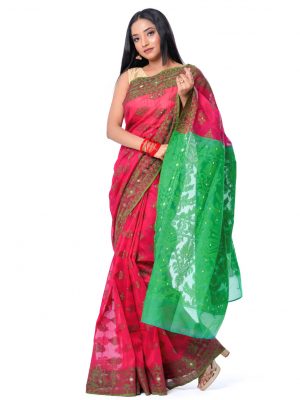 Pink half-silk Saree with contrast green paar and achal. Beautifully designed with all-over thread work.