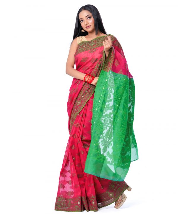 Pink half-silk Saree with contrast green paar and achal. Beautifully designed with all-over thread work.