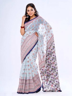Blue all-over printed Saree in Half-silk fabric. Embellished with karchupi and decorative tassels on the achal.
