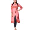 Peach retro-wrap style Kameez in Georgette fabric. Designed with a V-neck and bishop sleeves.