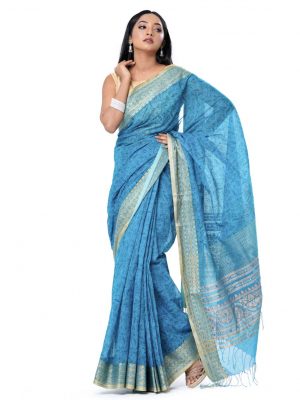 Blue all-over printed Cotton saree with zari paar.